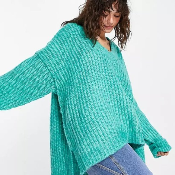 NWT Free People teal chunky knit V-neck sweater, XS - Picture 2 of 11
